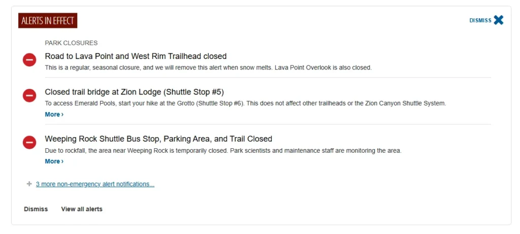 zion national park alerts and effects